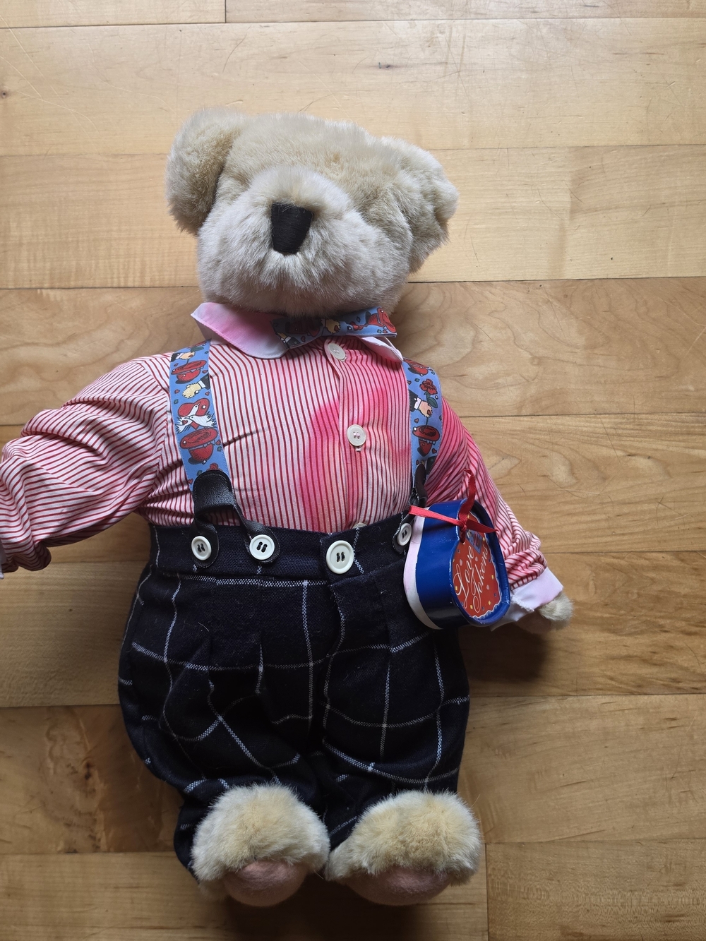 Plush Teddy Bear with Pink Shirt and Navy Check Pants